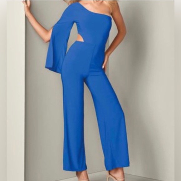 SEXY VENUS BLUE ONE SHOULDER SIDE CUT OUT JUMPSUIT ~ One Shoulder Flowy Romper - Picture 1 of 16